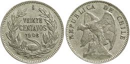 Chile moneda 20 centavos 1908