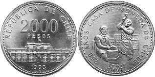 Chile coin 2000 pesos 1993 Casa of Moneda