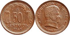 Chile moneda 50 centavos 1942