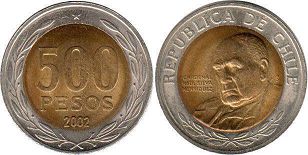 Chile moneda 500 pesos 2002