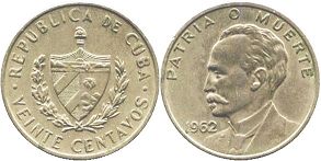 moneda Cuba 20 centavos 1962