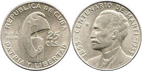 moneda Cuba 25 centavos 1953