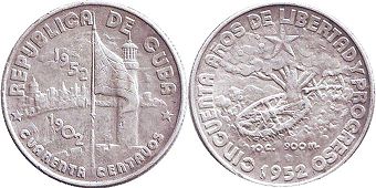 moneda Cuba 40 centavos 1952