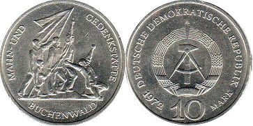 Moneda Alemania del Este 10 mark 1972 monumento de Buchenwald