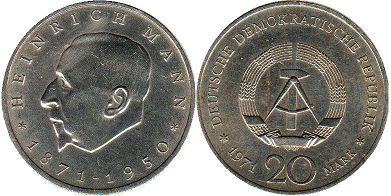 Moneda Alemania del Este 20 mark 1971 Heinrich Mann