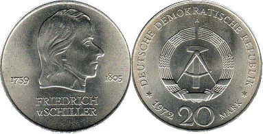 Moneda Alemania del Este 20 mark 1972 Federico de Schiller