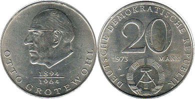 Moneda Alemania del Este 20 mark 1973 Otto Grotewohl