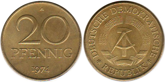 Moneda Alemania República Democrática Alemana (RDA) 20 Pfennig 1974
