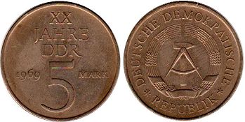 Moneda Alemania del Este 5 mark 1969 20 aniversario de la República Democrática Alemana (RDA)