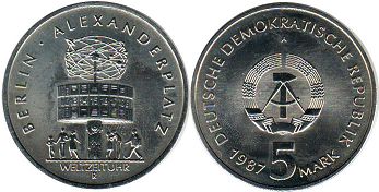 Moneda Alemania del Este 5 mark 1987 Berlín - Alexanderplatz