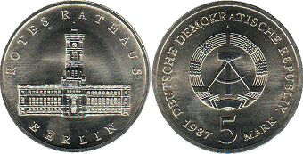 Moneda Alemania del Este 5 mark 1987 Berlín - Rotes Rathaus