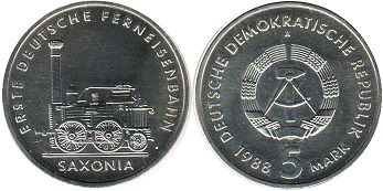 Moneda Alemania del Este 5 mark 1988 El primer ferrocarril de Alemania