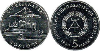 Moneda Alemania del Este 5 mark 1988 Port Ciudad Rostock