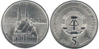 Moneda Alemania del Este 5 mark 1989 Iglesia de Catalina en Zwickau