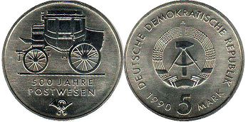 Moneda Alemania del Este 5 mark 1990 500 Años servicio Postal