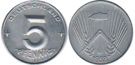 Moneda Alemania República Democrática Alemana (RDA) 5 Pfennig 1952