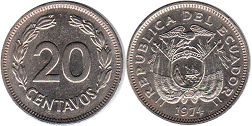 moneda Ecuador 20 centavos 1974