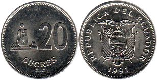 moneda Ecuador 20 sucre 1991
