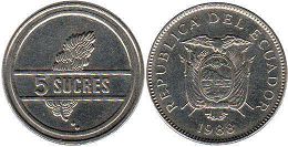 moneda Ecuador 5 sucre 1988