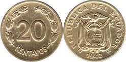 moneda Ecuador 20 centavos 1942