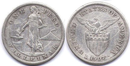 Moneda de filipinas de EE. UU. 1 peso 1907