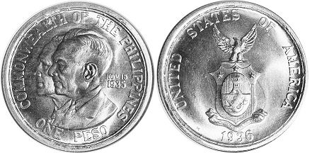 Moneda de filipinas de EE. UU. 1 peso 1936 Establecimiento de la Mancomunidad