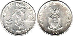 Moneda de filipinas de EE. UU. 20 centavos 1944