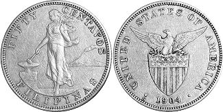 Moneda de filipinas de EE. UU. 50 centavos 1904