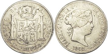Moneda de Filipinas 50 centavos 1868