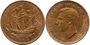 Gran Bretaña moneda 1/2 penny 1944