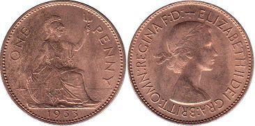 Gran Bretaña moneda 1 penny 1953 Coronation