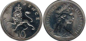 Gran Bretaña moneda 10 penique 1975