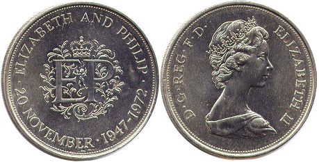 Gran Bretaña moneda 25 penique 1972 plata Wedding Anniversary