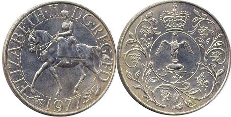 Gran Bretaña moneda 25 penique 1977 boda plateada of Reign