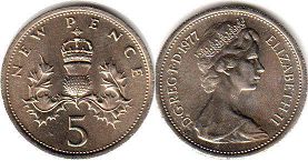 Gran Bretaña moneda 5 penique 1977