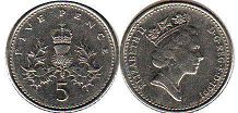 Gran Bretaña moneda 5 penique 1991