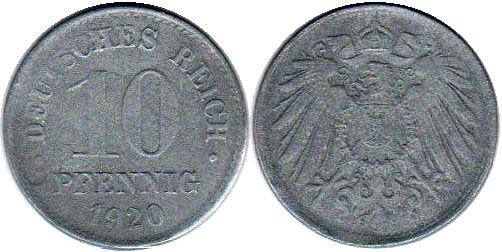 Moneda Imperio Alemán 10 Pfennig 1920