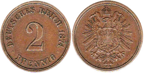Moneda Imperio Alemán 2 Pfennig 1874