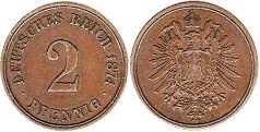 Moneda Imperio Alemán 2 Pfennig 1874