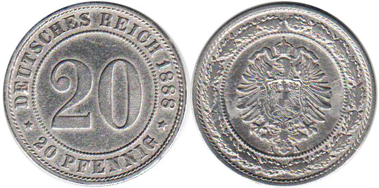 Moneda Imperio Alemán 20 Pfennig 1888