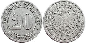 Moneda Imperio Alemán 20 Pfennig 1890