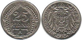 Moneda Imperio Alemán 25 Pfennig 1909