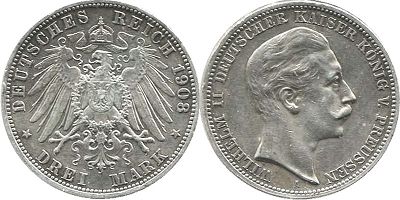 Moneda Imperio Alemán 3 mark 1908