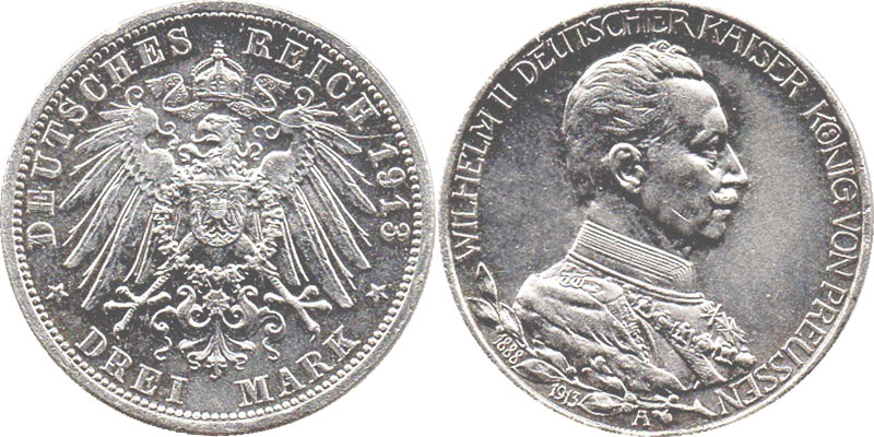 Moneda Imperio Alemán 3 mark 1913