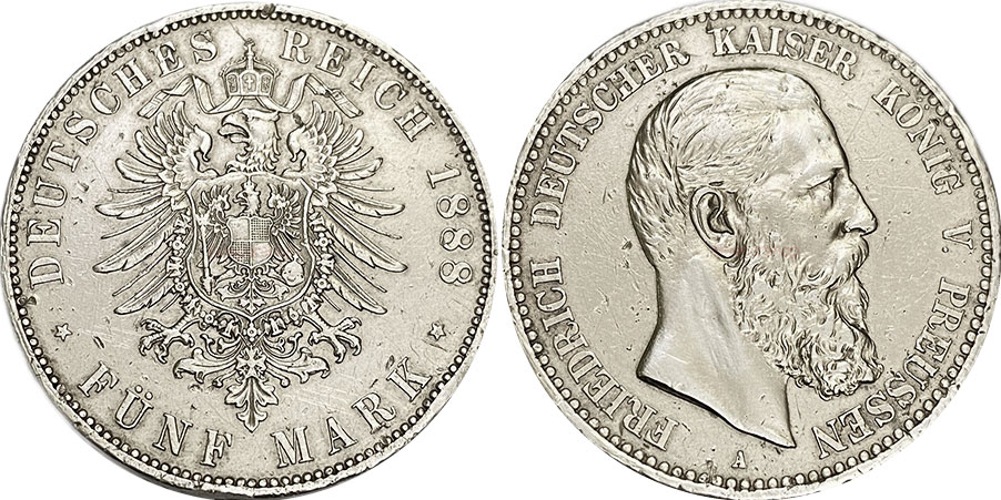 Moneda Imperio Alemán 5 mark 1888
