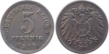 Moneda Imperio Alemán 5 Pfennig 1918