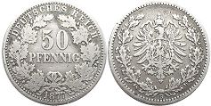 Moneda Imperio Alemán 50 Pfennig 1877