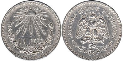 México moneda 1 peso 1926 (1920, 1921, 1922, 1923, 1924, 1925, 1926, 1927, 1932, 1933, 1934, 1935, 1938, 1940, 1943, 1944, 1945)