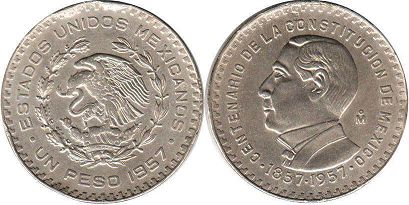 México moneda 1 1957 Centenario de la Constitución