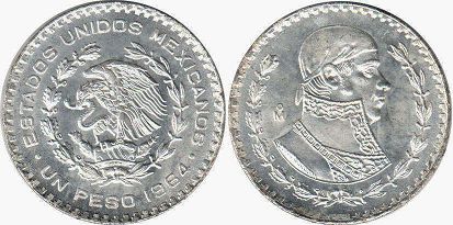 México moneda 1 peso 1964 (1957, 1958, 1959, 1960, 1961, 1962, 1963, 1964, 1965, 1966, 1967, 1968, 1969)